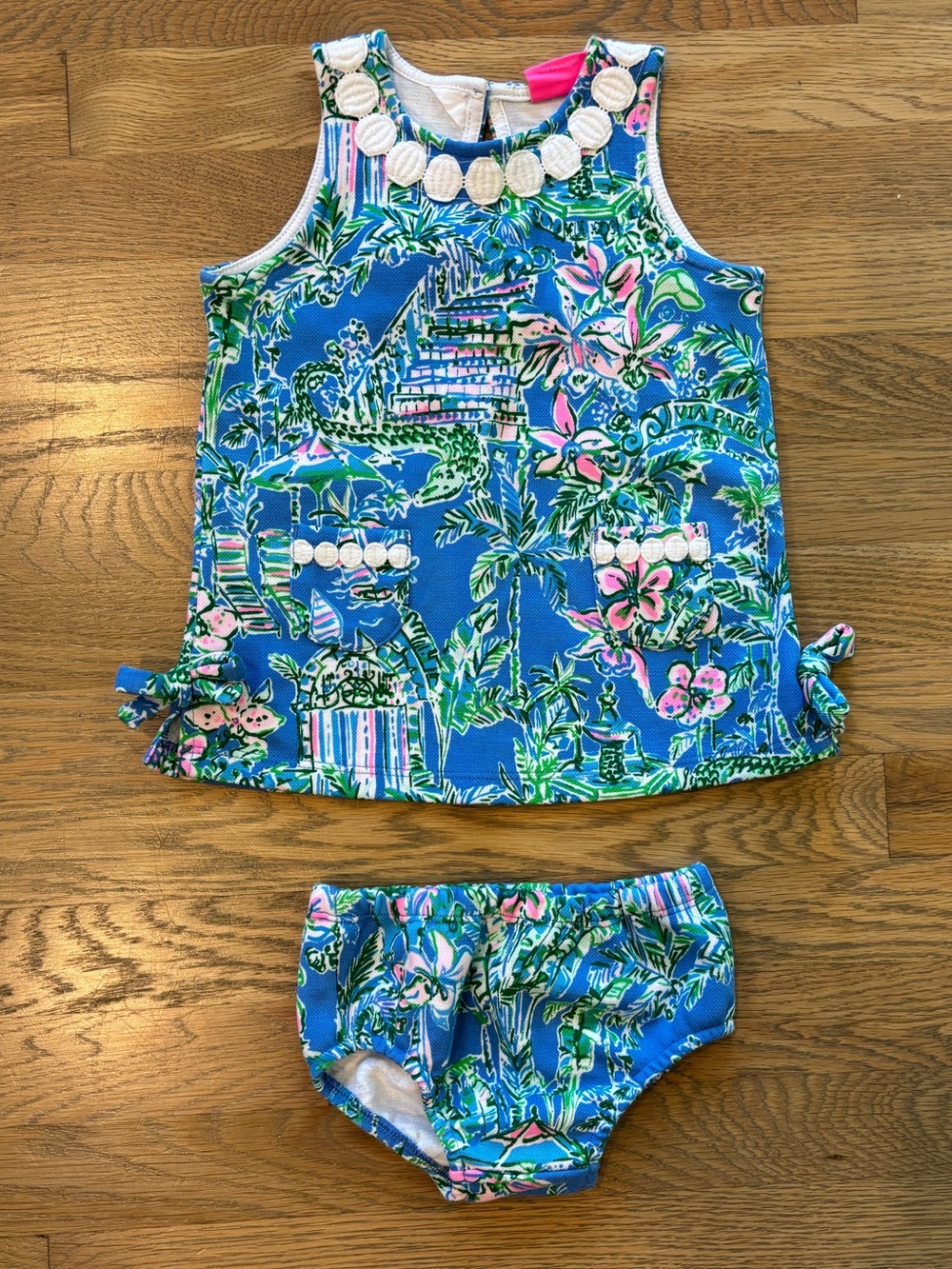 Lilly Pulitzer Blue Tropical Shell-Trim Girls' Dress with bloomers